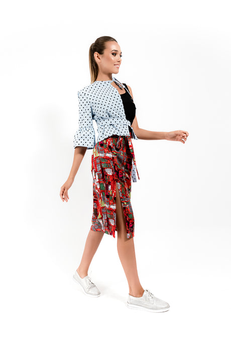 Red Printed Skirt with a  Cut Leg - Velmoft
